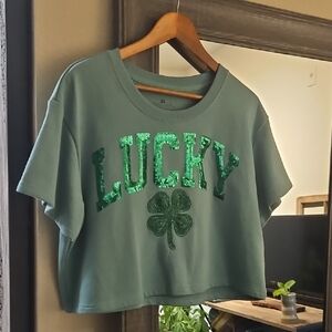 Sage Green Sequin LUCKY Crop Top Sweatshirt